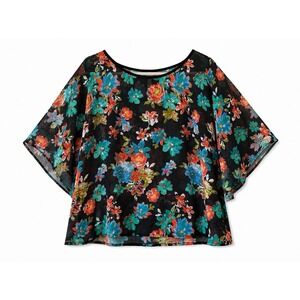 Chenault Womens Floral Chiffon Sheer Batwing Blouse Top Black Multicolor L